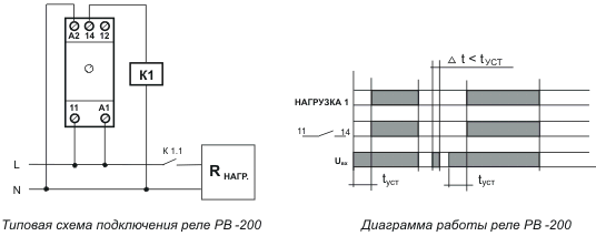 Типовая схема подключения и диаграмма работы реле времени РВ-200